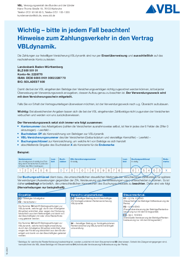 Hinweise zum Zahlungsverkehr der VBLdynamik