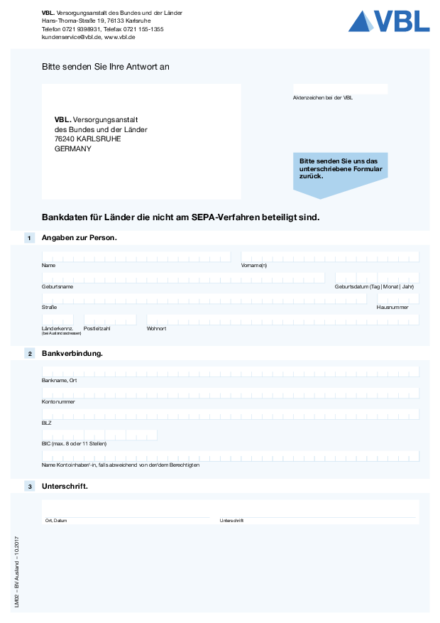 Bankdaten für Länder die nicht am SEPA-Verfahren beteiligt sind.